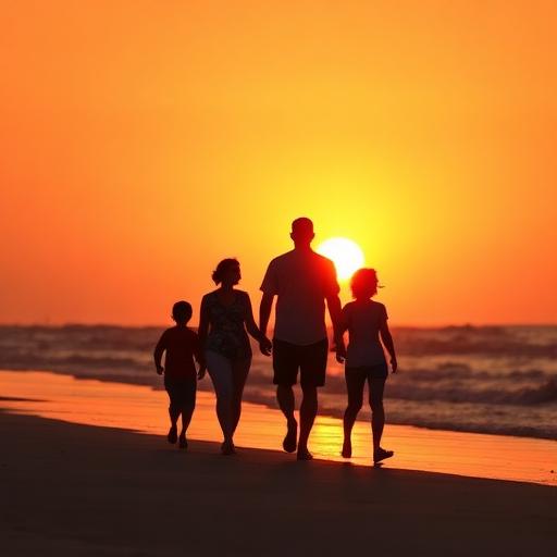 Family walking along the beach at sunset